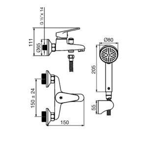 Plano Griferia FV 0310/M4 Compacta – Juego monocomando para bañera y ducha